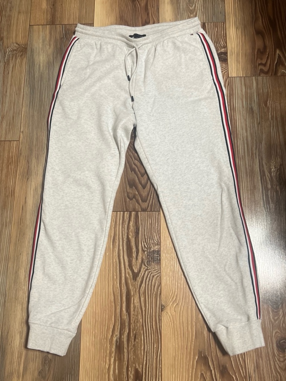 Women’s Heather Gray Jogger Pants with Red & Navy Side Stripes